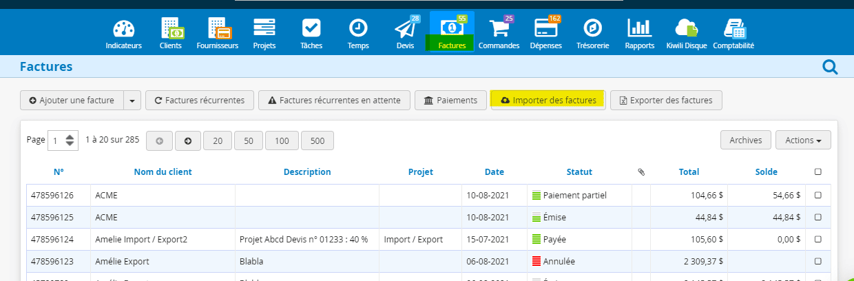 Importer les Factures dans le logiciel de gestion Kiwili