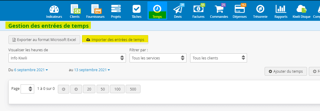 Importer entrées de temps dans le logiciel de gestion