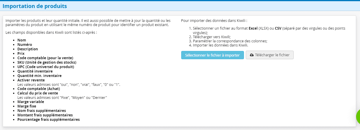 Informations et détails du fichier d'importation