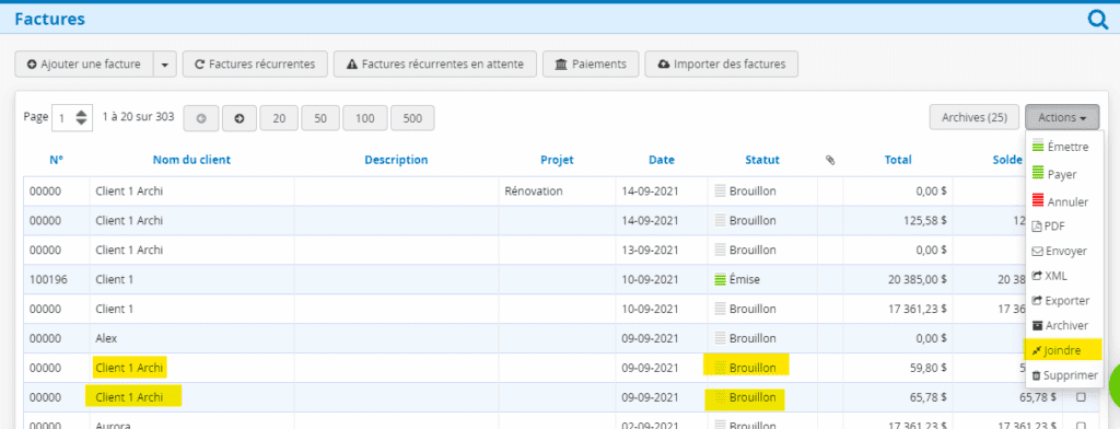 Joindre deux factures brouillon - Logiciel de facturation en ligne