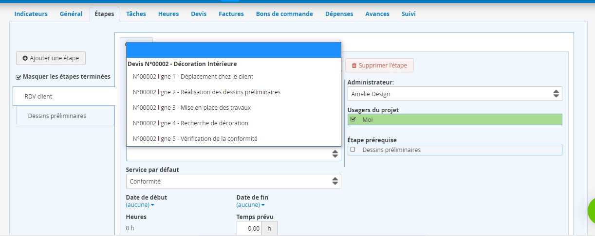 Lier un devis à une étape Facturation progressive logiciel en ligne