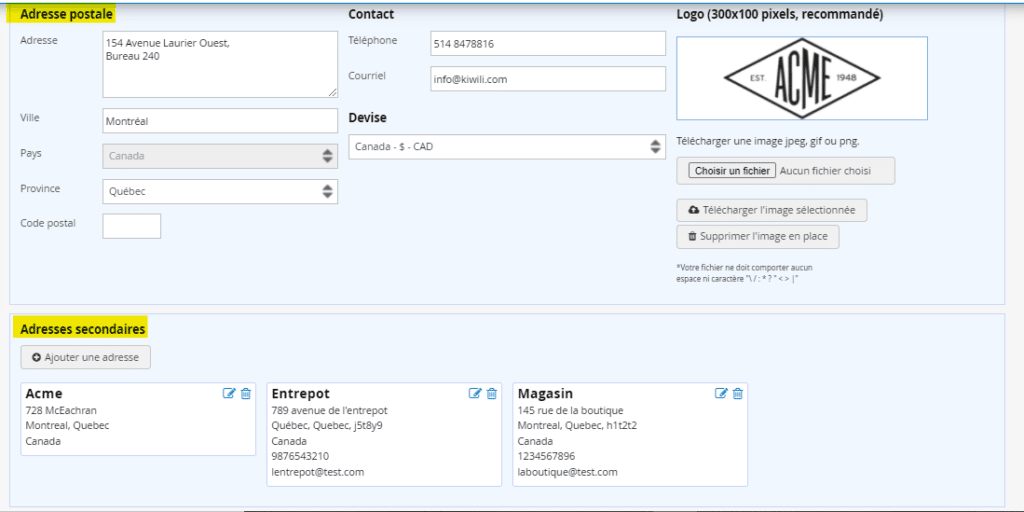 Gestion de plusieurs adresses dans le logiciel de gestion d'entreprise