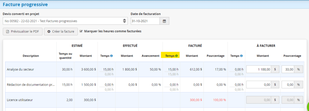 Facturation progressive - heures à factuer