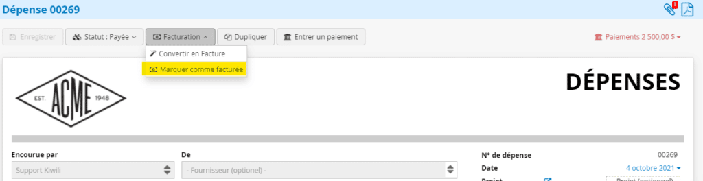Marquer une dépense comme facturée