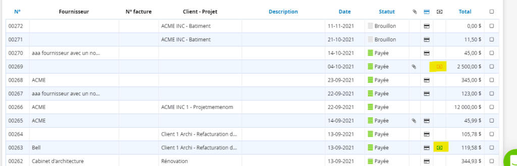 Marquer une dépense comme facturée liste des dépenses