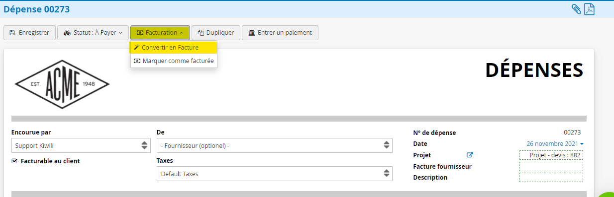 Convertir dépense en facture