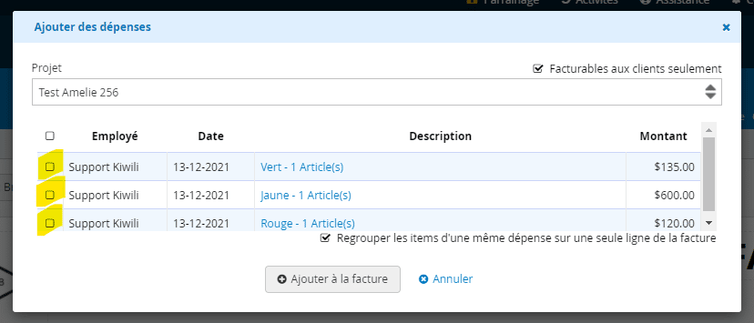 Importer des dépenses dans une facture