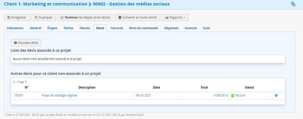 Logiciel Gestion de Projet Marketing PUB - Devis