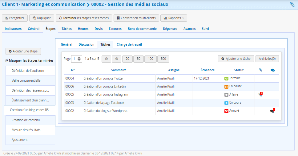 Logiciel Gestion de Projet Marketing PUB - Taches