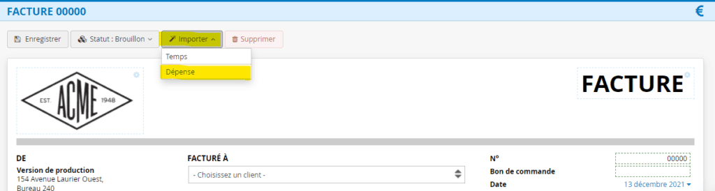 Logiciel gestion des dépenses facturables Importation dépense dans une facture