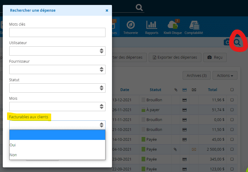 Logiciel gestion des dépenses facturables recherche