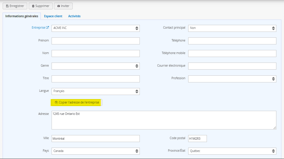 CRM copie de l'adresse de l'entreprise dans les contacts