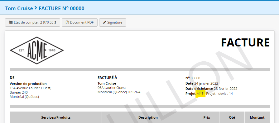 ERP Adjoindre code ou numero de projet dans les documents