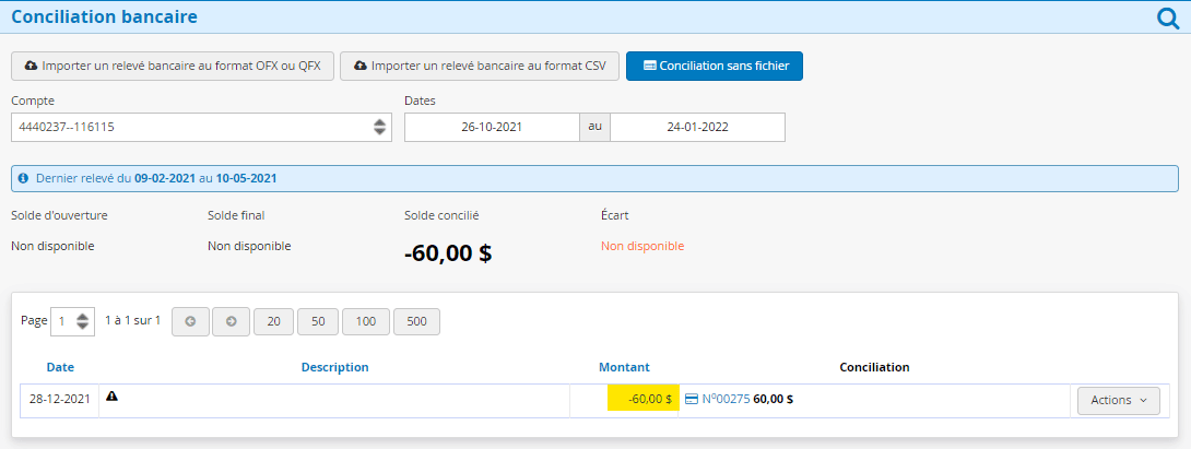 Conciliation bancaire carte de crédit montants négatifs