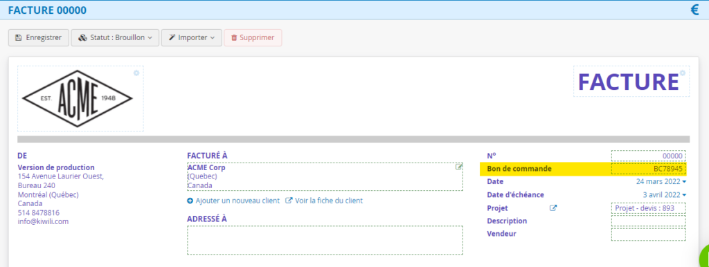 Bon de commande client lié au projet - Factures
