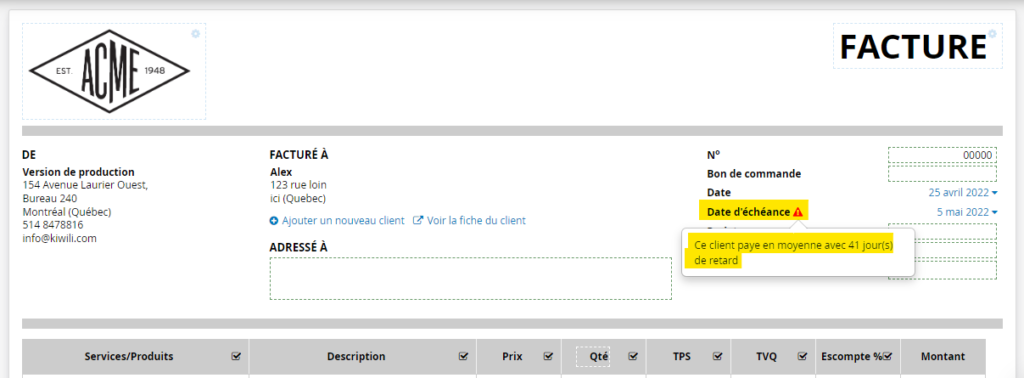 Facture délai moyen de paiement du client
