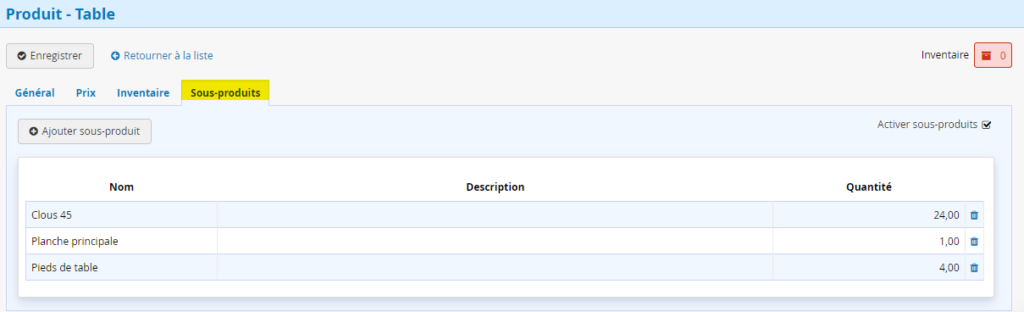 Gestion d'inventaire Sous produits