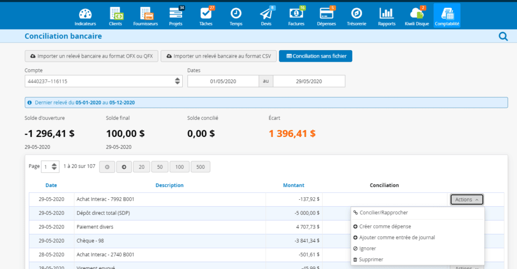 Logiciel de comptabilité Conciliation bancaire