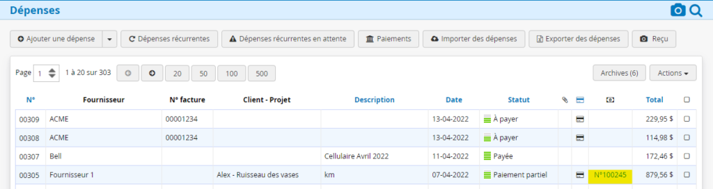 Numero de facture dans la refacturation des dépenses