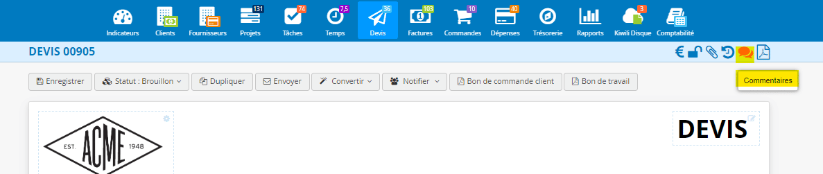 Commentaire dans les devis factures dépenses et bons de commande