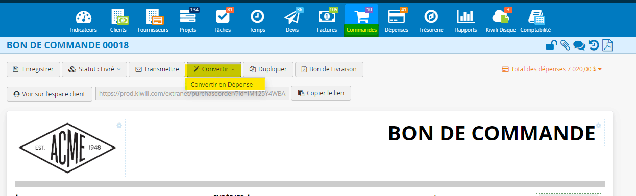 Convertir un bon de commande en dépense
