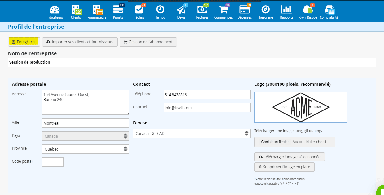 Démarrer avec le logiciel de gestion en ligne Kiwili - Profil d'entreprise