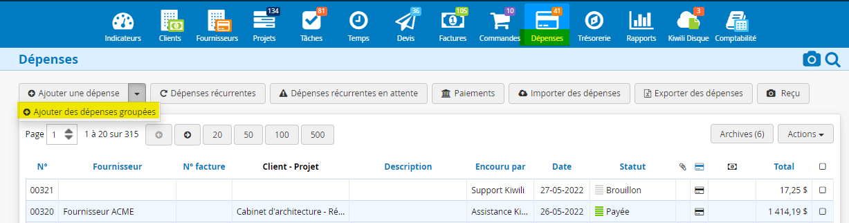 Dépenses groupées