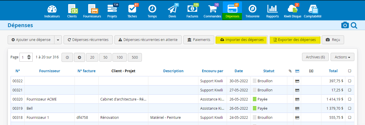 Importation et exportation des dépenses XLSX dans Kiwili