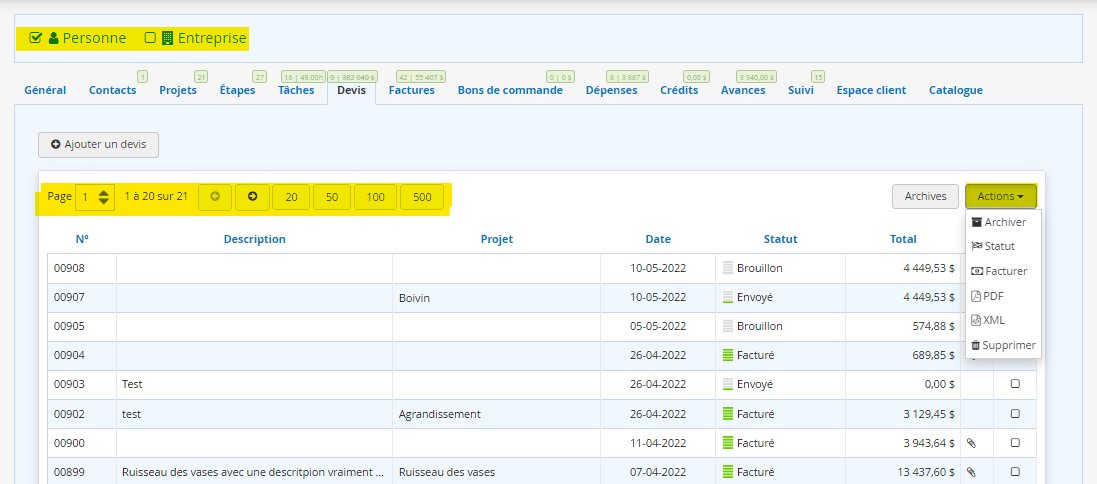 Mutiselection action et pagination dans les fiches clients et fournisseurs