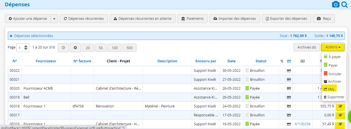 Telechargement depenses xml