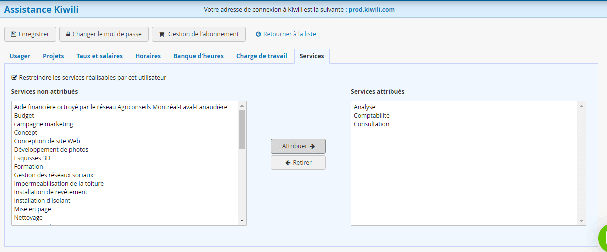 Restriction des services par utilisateur dans le logiciel de gestion Kiwili