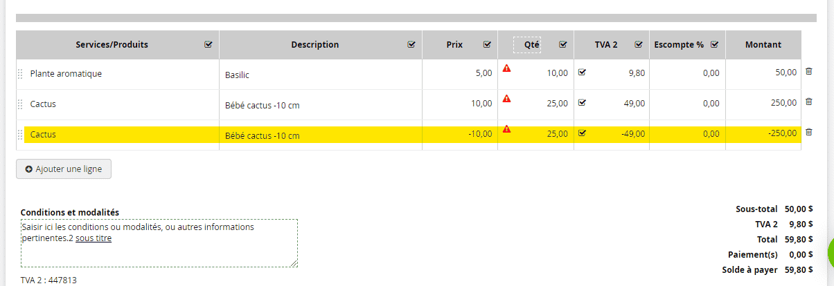 Facture - Remboursement un produit - En ligne sur une même facture