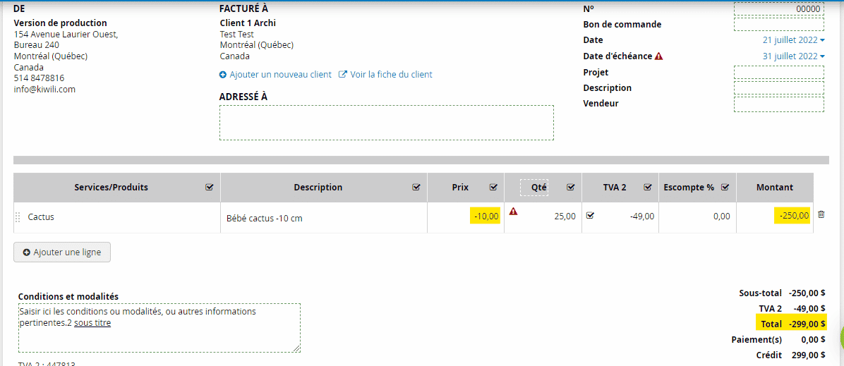 Facture - Remboursement un produit - En ligne