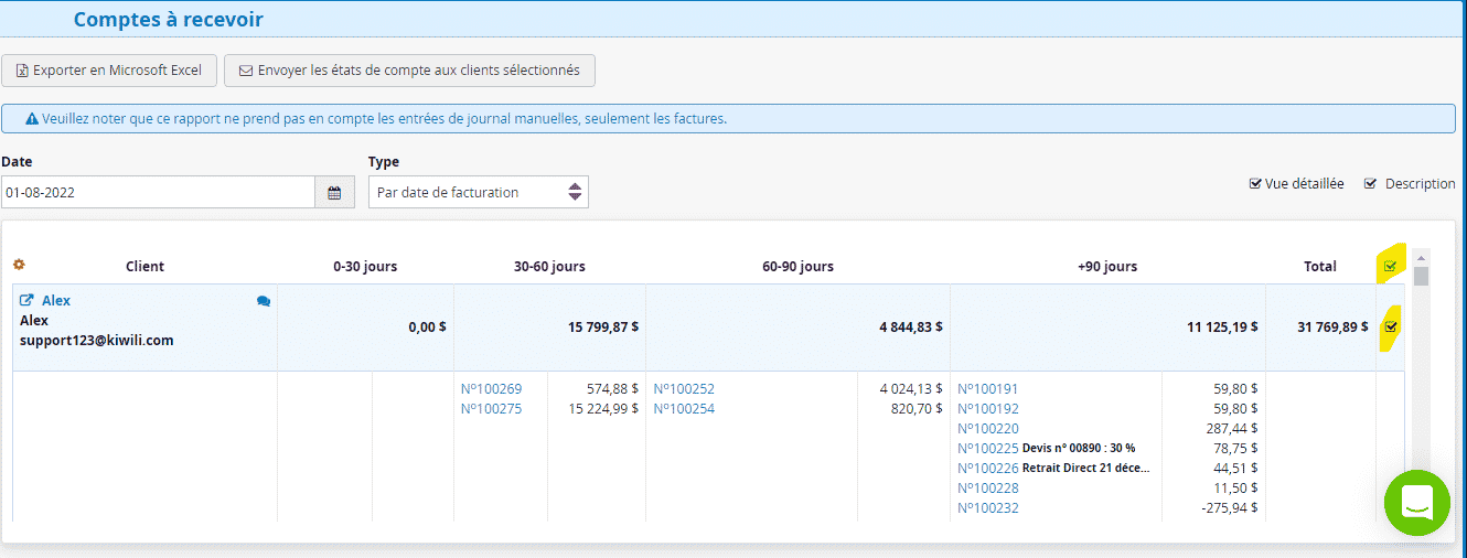 Comptes a recevoir selection de factures en fonction du delai de paiement