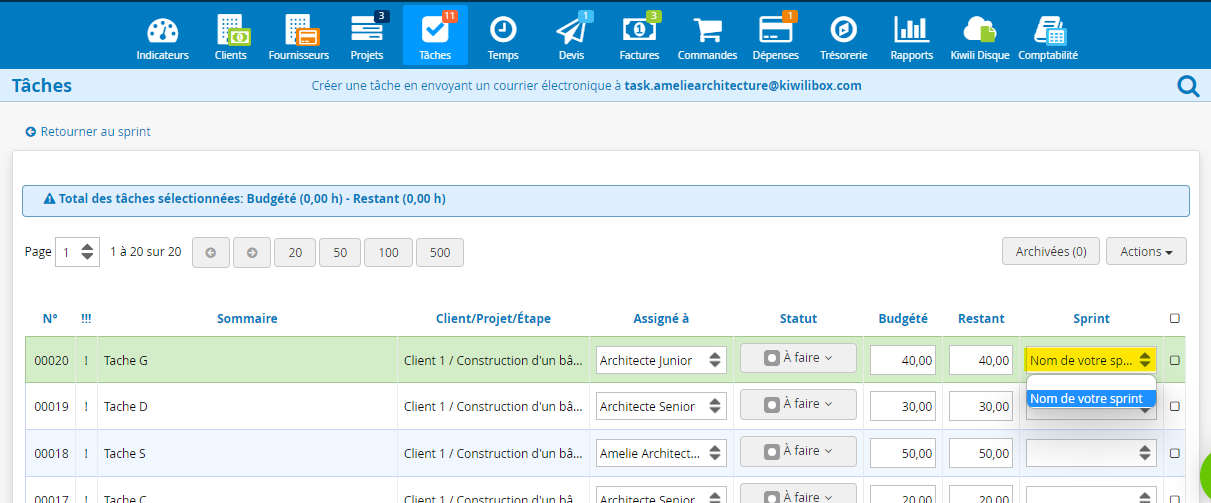 Gestion de projet en ligne Sprint Agile - Ajouter des taches une a une