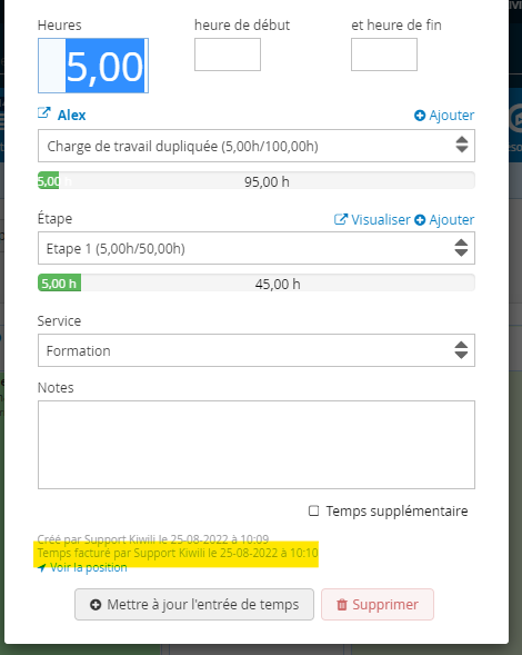 Indication du temps de travail facturé en ligne