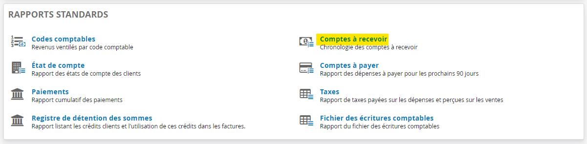 Rapport comptes à recevoir en ligne