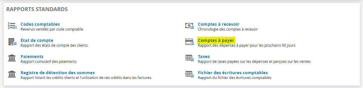 Rapport des comptes à payer