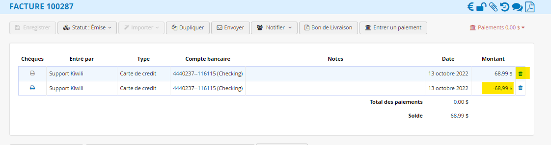 Écriture inversée pour le paiement d'une facture