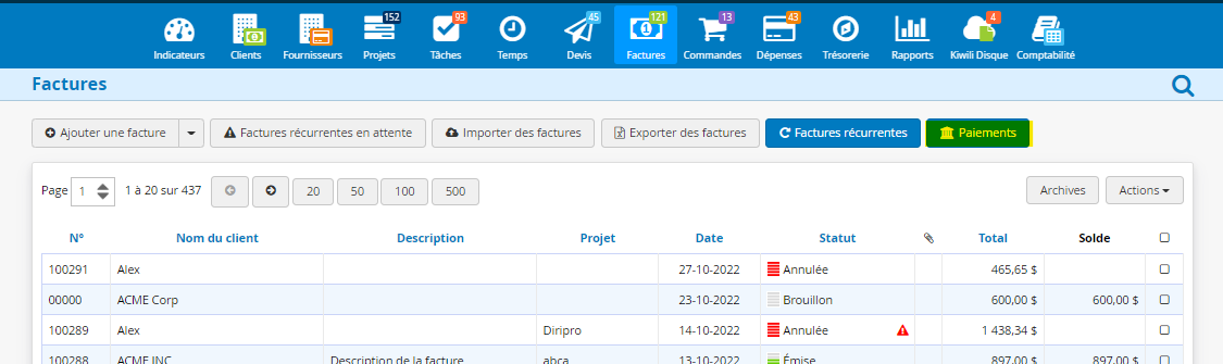 Liste des paiements des factures