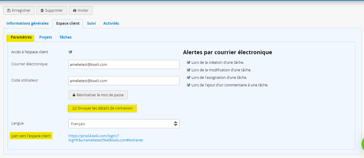 Informations de connexion à l'extranet