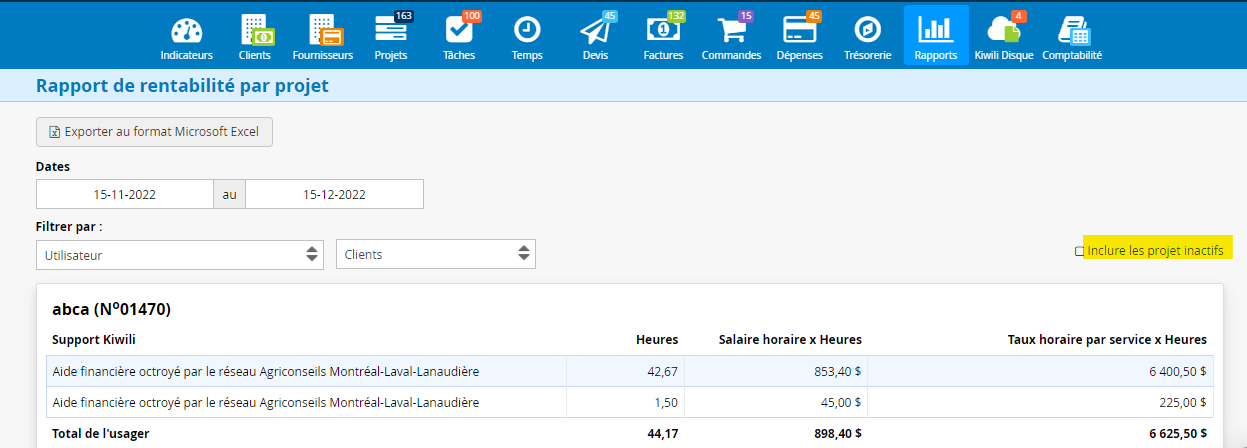 ajout des projets désactivés dans le rapport de rentabilité par projet