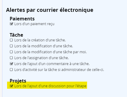 Activer ou non les notifications pour les discussions sur les projets