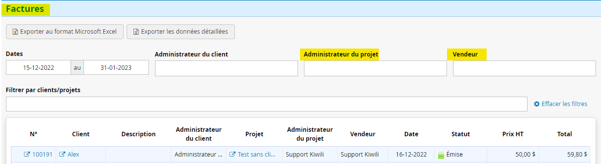 Ajout des champs admin projet et vendeur dans le rapport de facturation
