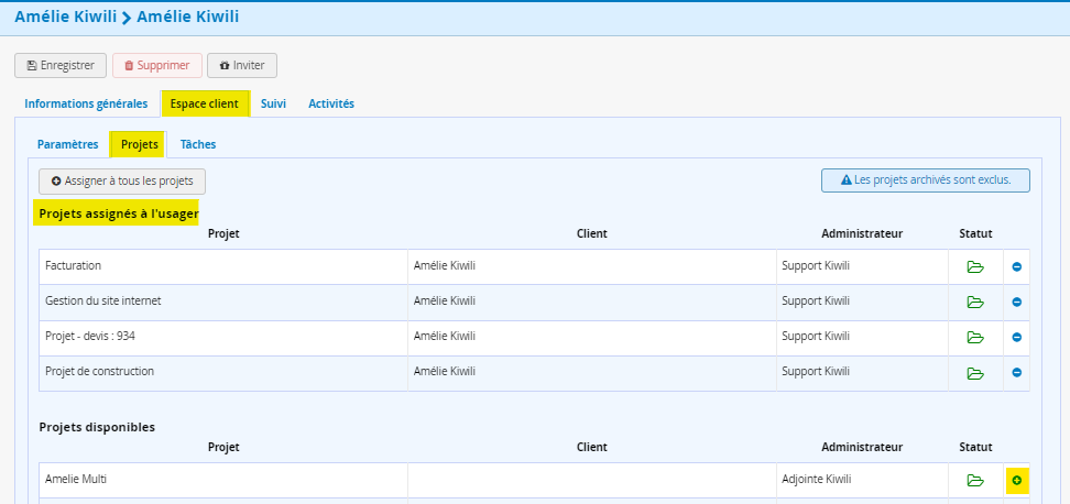 Ajouter les projets dans l'extranet à l'utilisateur client