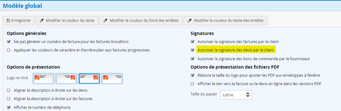 Autoriser la signature des devis en ligne