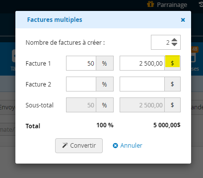 Conversion d'un devis en plusieurs factures montant