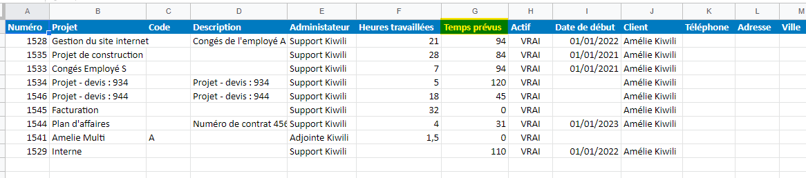 Exportation XSLX des projets temps prévus