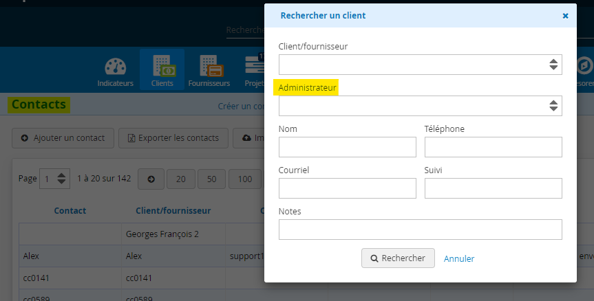 Filtre des contacts du CRM par administrateur de client