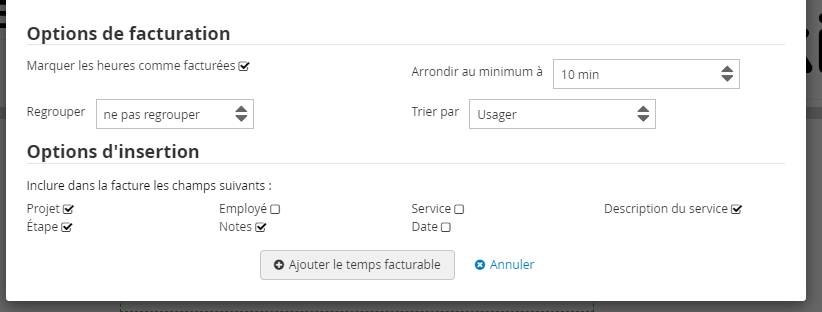 Options d'importation du temps pour la facturation